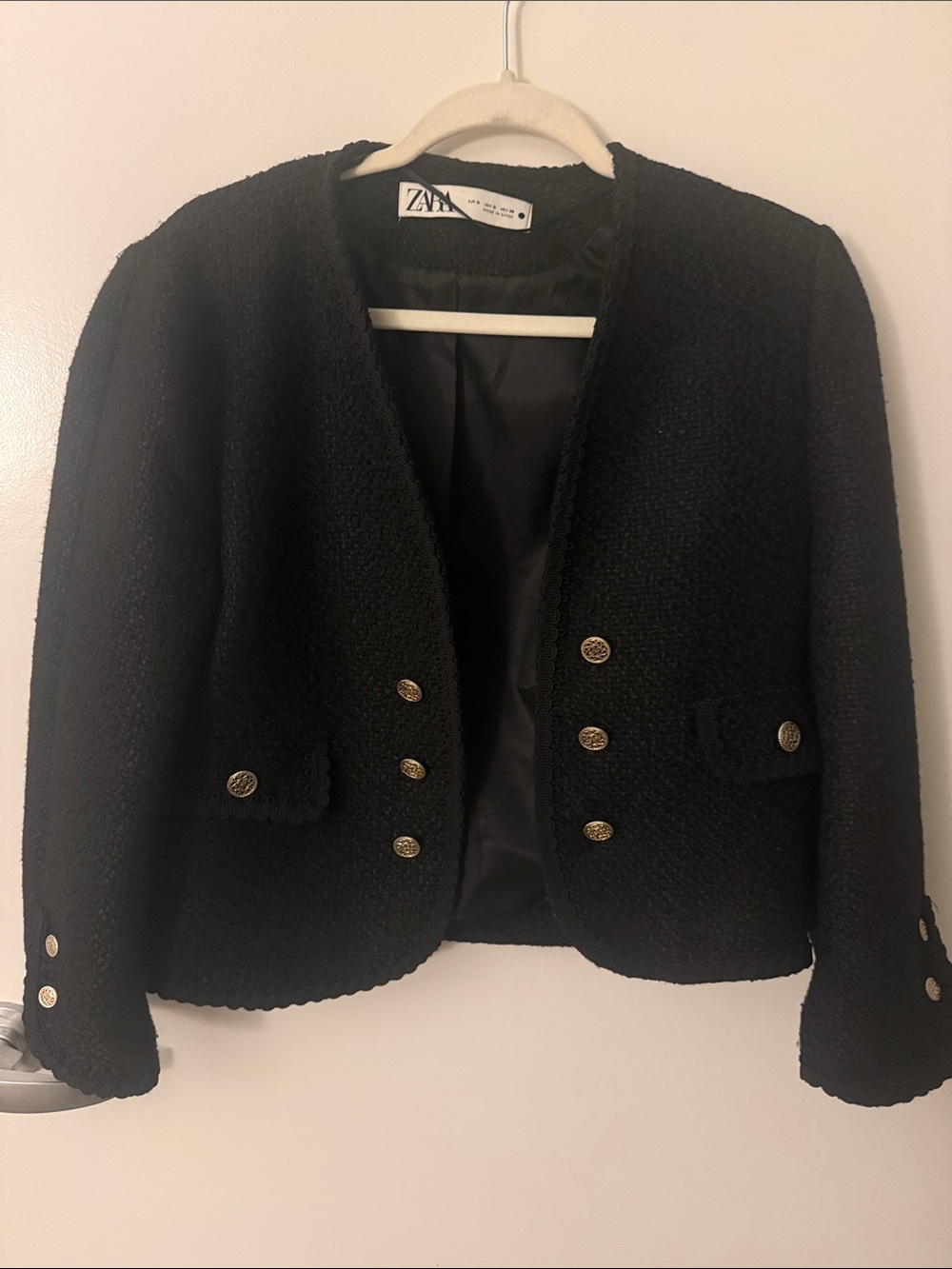 Zara Black Bouclé Military-Style Blazer with Gold Buttons